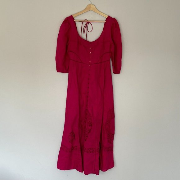 Free People Lisa Embroidered Lace Midi Dress Size S Pink Puff Sleeves Boho BNWT - Picture 3 of 16
